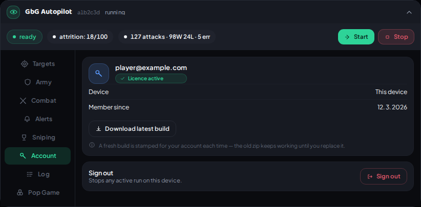 SentryFoE panel — Account tab, showing licence and device status