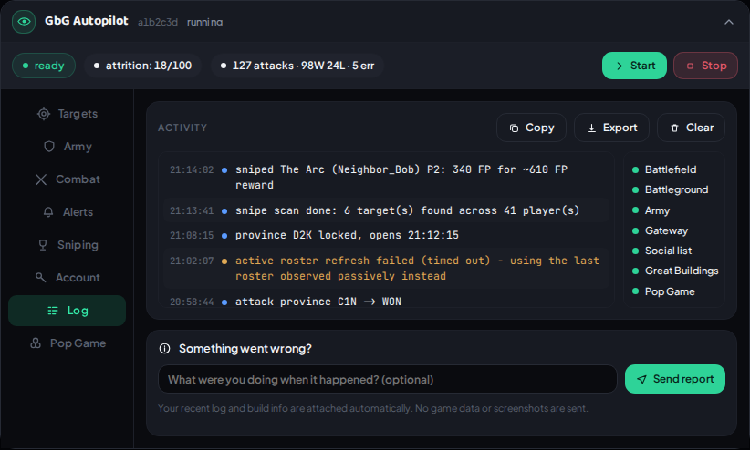 SentryFoE panel — Log tab, showing the run log and pipeline status