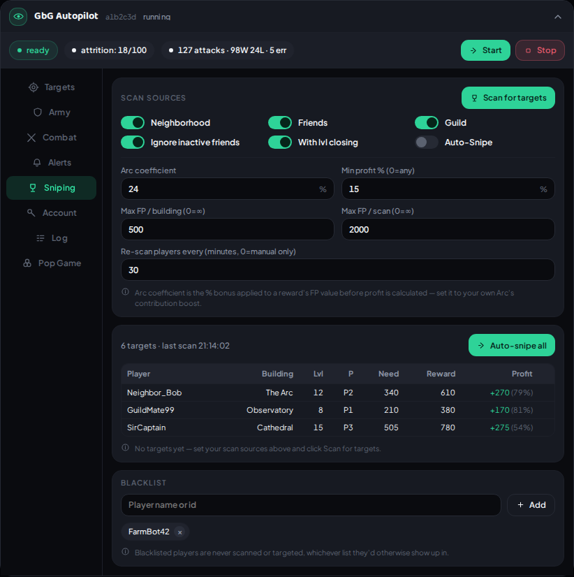 SentryFoE panel — Sniping tab, showing Great Building snipe targets